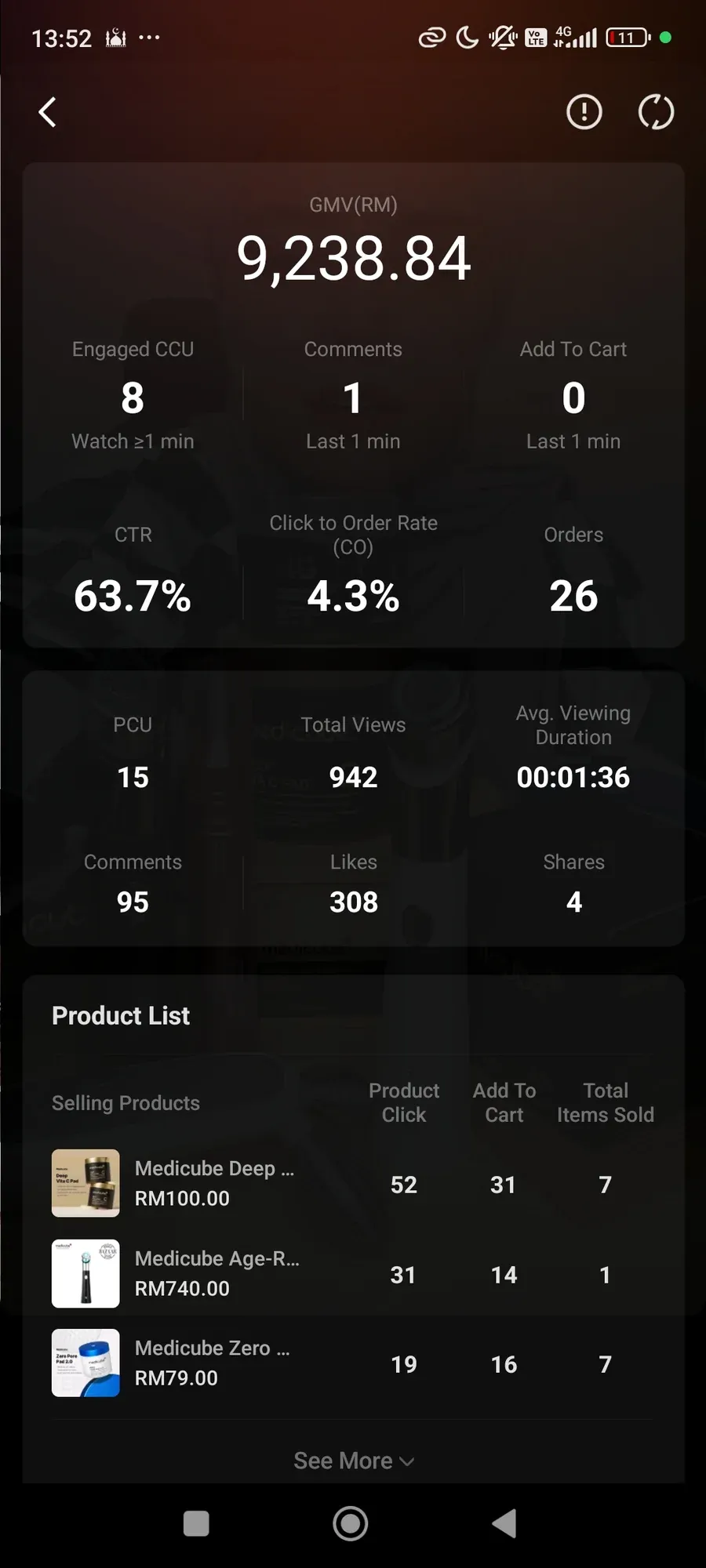 Shopee Live end-of-session dashboard: GMV RM9,238.84, 26 orders