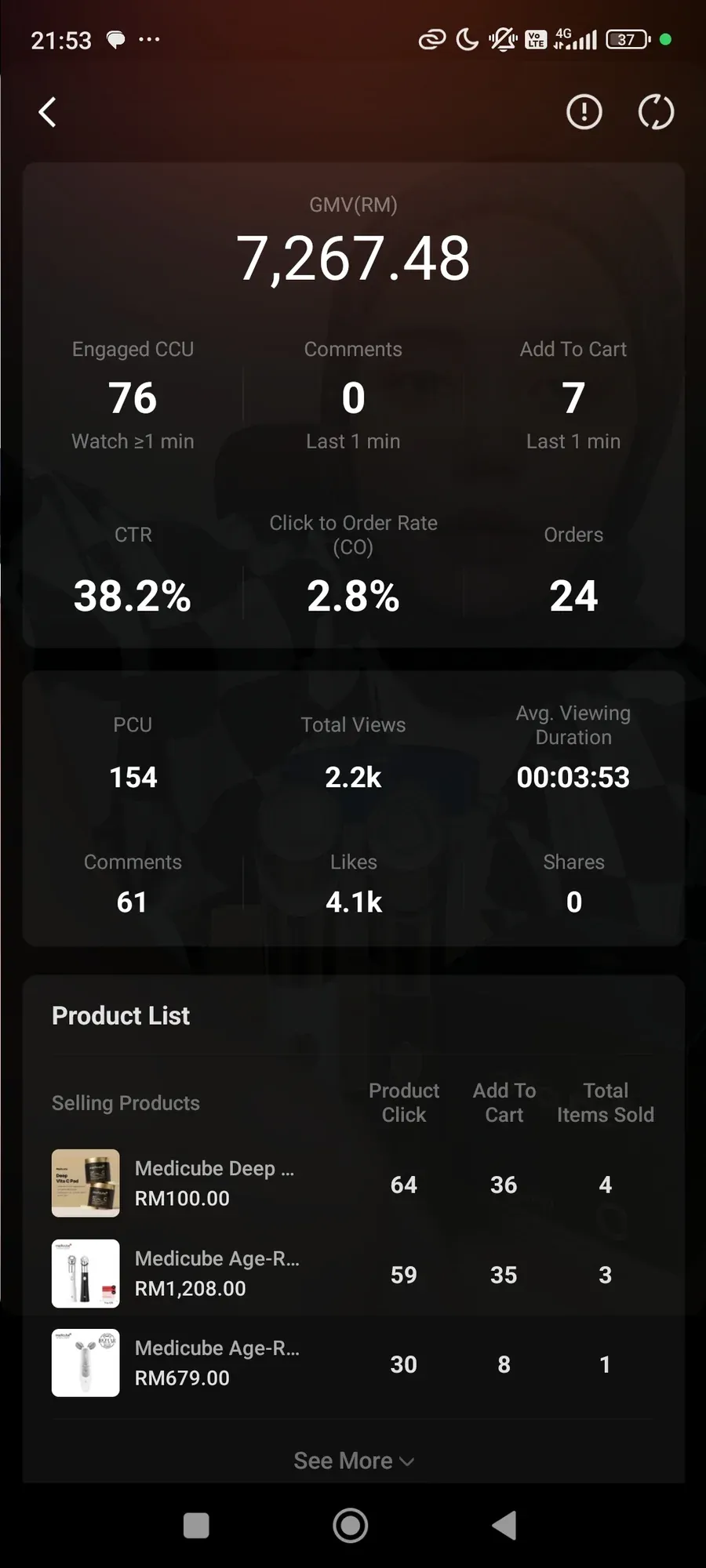 Shopee Live end-of-session dashboard: GMV RM7,267.48, 24 orders