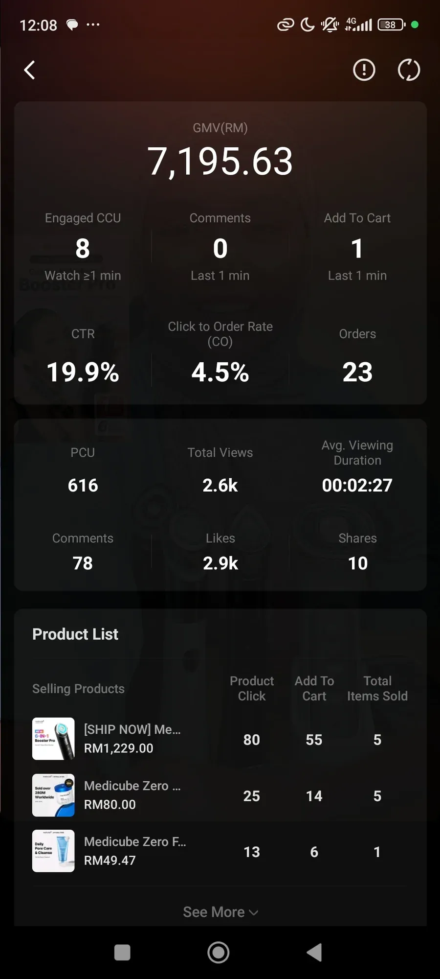 Shopee Live end-of-session dashboard: GMV RM7,195.63, 23 orders
